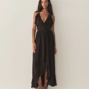 Doen Black Ruffle V-Neck Maxi Dress with Tie Waist